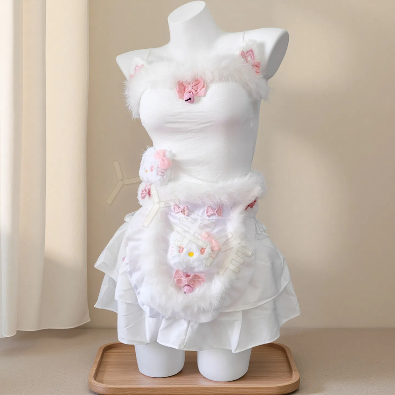 Four Seasons Korean Style Cute Meow Meow Plush White Camisole White Skirt Apron Three-Piece Set Pure Desire Sweet Hot Girl