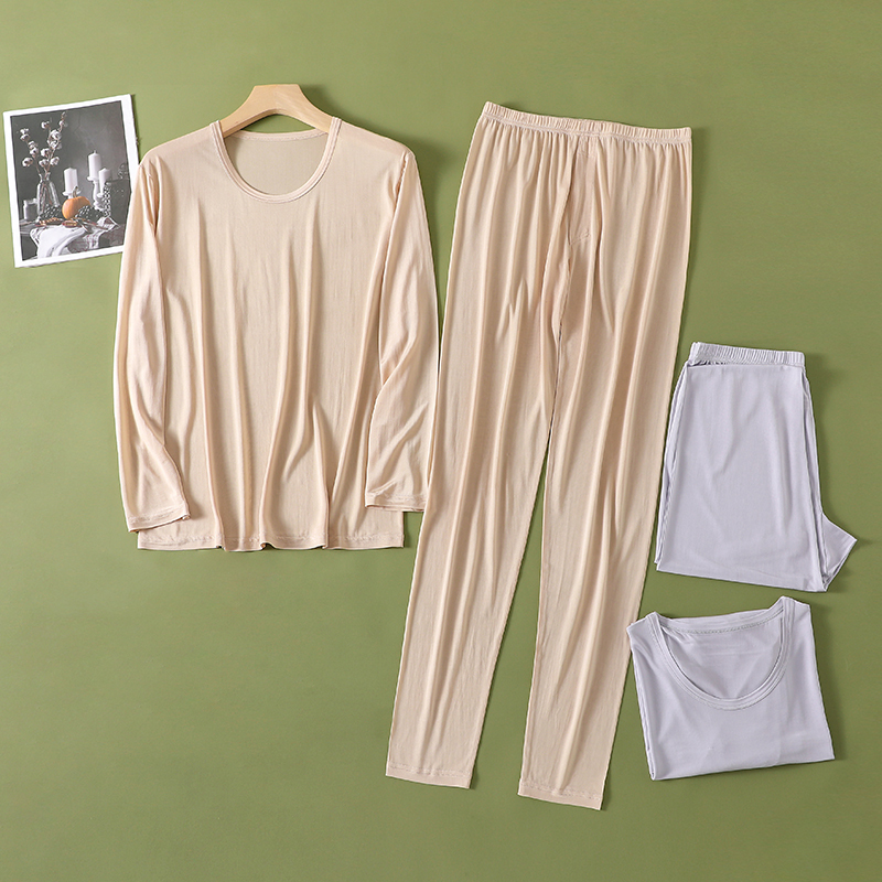 100% Mulberry Silk Men's Autumn Clothes and Autumn Pants Thermal Underwear Set Thin Solid Color Long Sleeve Silk Bottoming Pajamas Set
