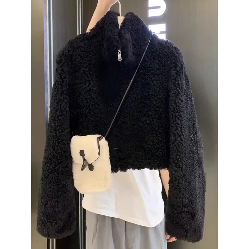 Teddy Bear Fur Coat for Women, Chanel-Style, High-End Feel, Lamb Wool and Fur Integrated, Short Black Thickened Jacket
