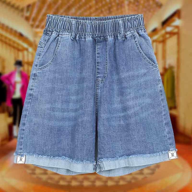 Summer Women's Plus-Size Denim Shorts, Middle-Aged Mom's High-Waisted Elastic Five-Point Pants, Loose Fit, Body-Covering Hot Pants, Harem Pants