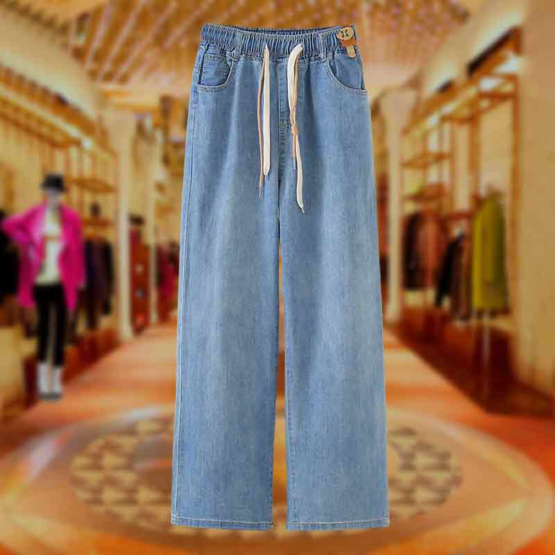 Middle-Aged and Elderly Fat Mothers Plus Size Spring & Fall Straight Jeans Elastic Waist Loose Wide Leg Pants High Waist Casual Pants