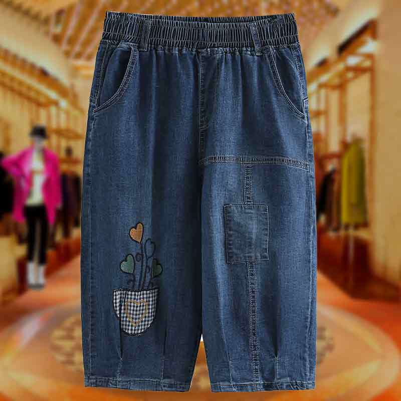 Thin Summer Mid-Length Pants, High-End Plus-Size Women's Fashion, Middle-Aged Mom's Large Size Elastic Waist Six-Seven Quarter Denim Pants for Women