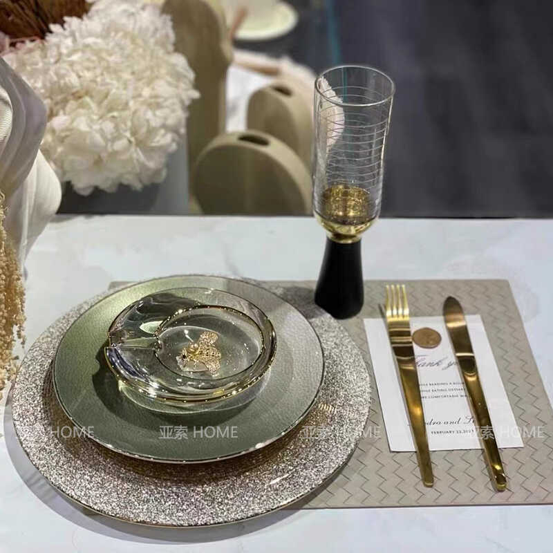 Green-Toned Creative Glass Dinner Plate, Model House Western-Style Tableware, Home Exhibition Hall Tableware Set, Modern Light Luxury