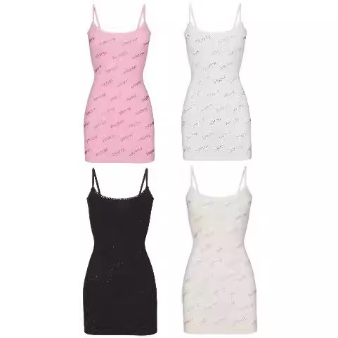 Skims Kardashian Rhinestone Letter Logo Tight-Fitting Bodycon Spaghetti Strap Dress Hot Girl Lace Dress