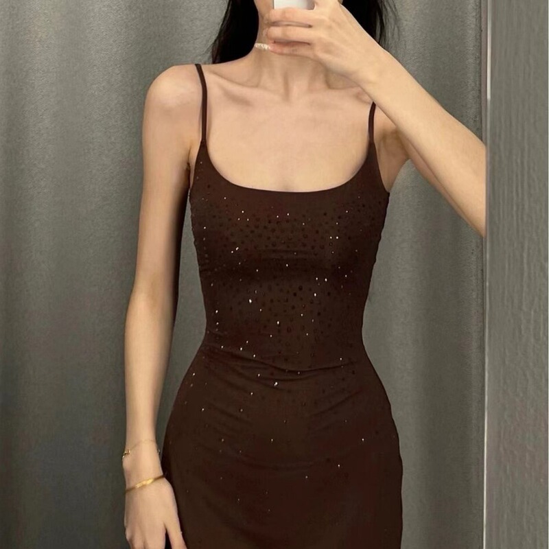 Skims Kardashian Sexy Backless Rhinestone Dress with Zipper at the Hem, Slit, Waist-Cinching, Bodycon Slip Dress