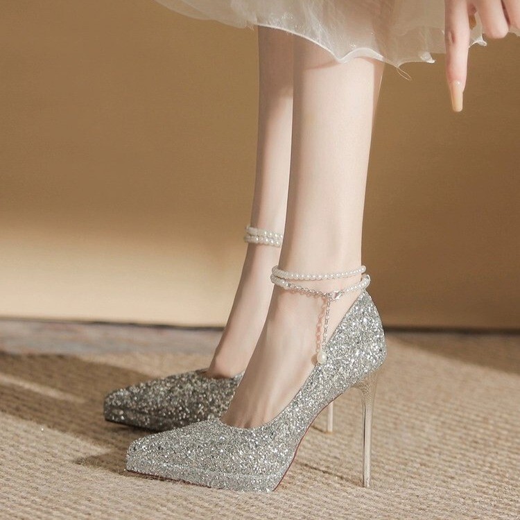 Super High-Heeled Platform High-Heeled Shoes for Women 2024 New Style Pearl Buckle Crystal Sequin Wedding Shoes Banquet Bridal Shoes Super High-Heeled Platform High-Heeled Shoes for Women 2024 New Style Pearl Buckle Crystal Sequin Wedding Shoes Banquet Bridal Shoes