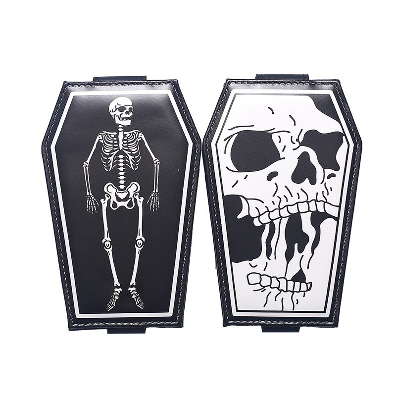 Retro Gothic style card holder with dark skull print, creative coffin design, available for export.