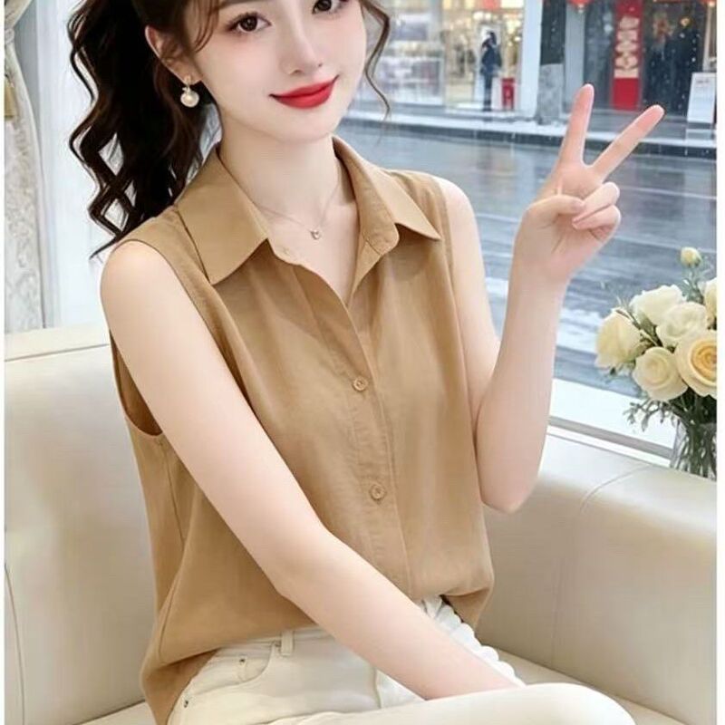 Chiffon Sleeveless Shirt for Women, Summer Style, Versatile Solid Color Shirt, Loose and Stylish Base Layer Tank Top, 2026 New Model