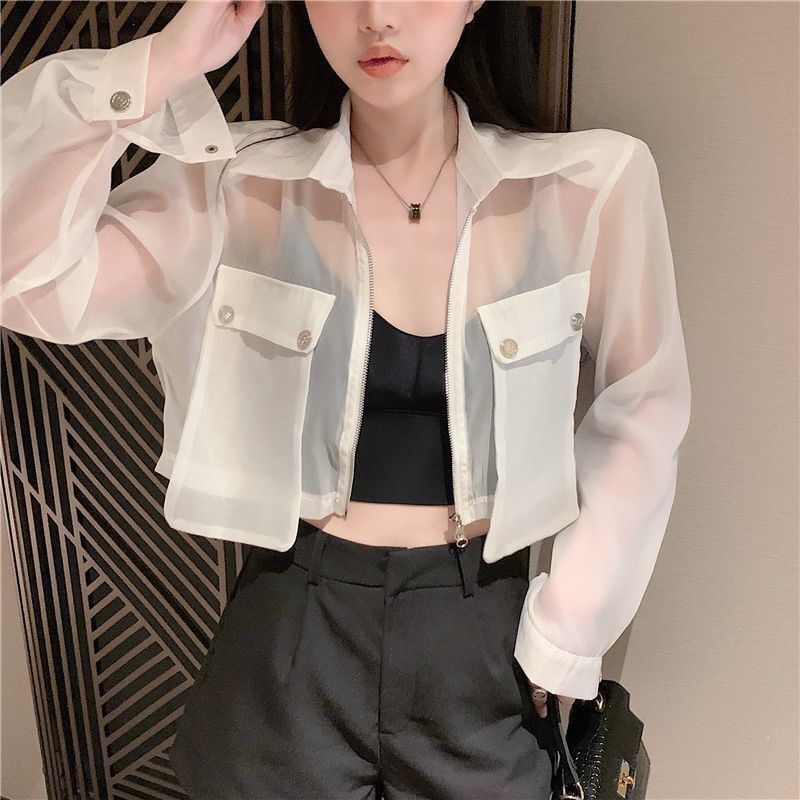 Large Flap Pocket Pants See-Through Shirt Jacket for Sexys in Summer, Short Navel-Baring Design, Niche Slimming Look Sun Protection Clothing