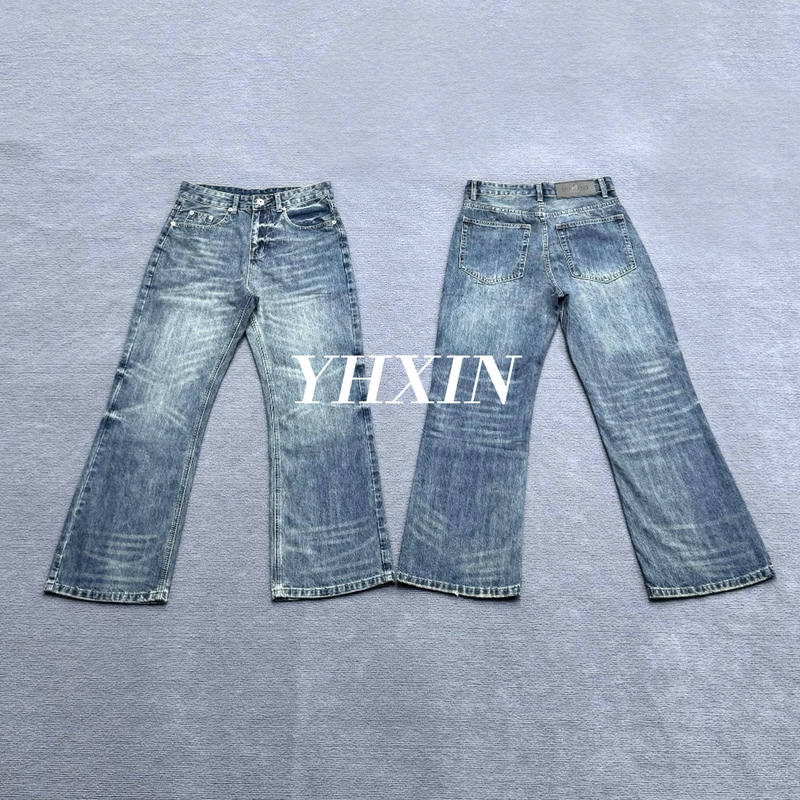 [Yhxin] Dark Blue Whiskered Versatile Straight-Leg Blue Jeans Cleanfit