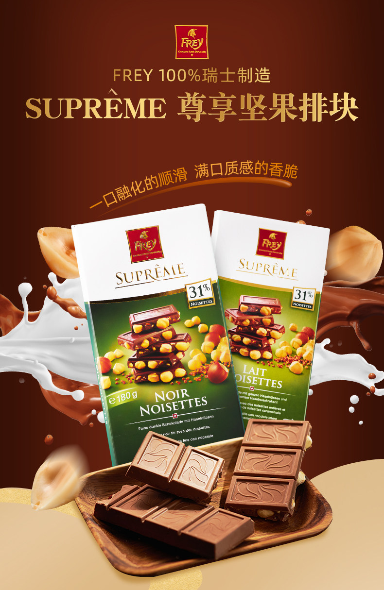 瑞士百年经典巧克力品牌 Frey Supreme 榛子果仁巧克力 180g 天猫优惠券折后¥24.9包邮(¥44.9-20)榛子黑巧、榛子牛奶可选 瑞士百年经典巧克力品牌 Frey Supreme 榛子果仁巧克力 180g 天猫优惠券折后¥24.9包邮(¥44.9-20)榛子黑巧、榛子牛奶可选