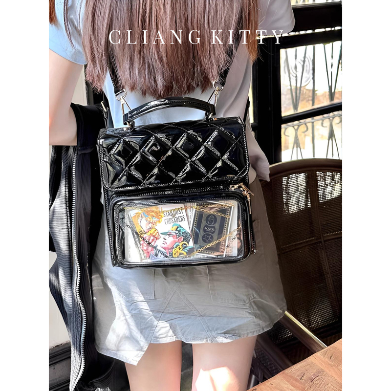 Cliang Kitty New Patent Leather Quilted Small Square Bag, College Style Small Capacity Ita Bag, Shoulder and Crossbody Bag Cliang Kitty New Patent Leather Quilted Small Square Bag, College Style Small Capacity Ita Bag, Shoulder and Crossbody Bag