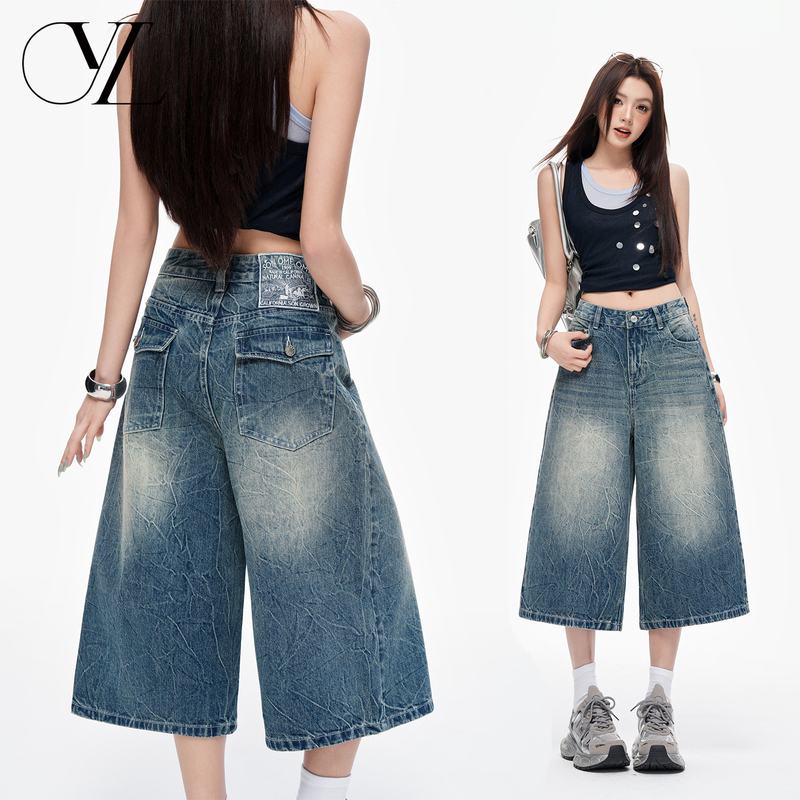 Vintage Blue Embroidered Logo Cropped Jeans for Women, 2026 Summer New High-Waisted Loose Slimming Washed Crease Straight Pants