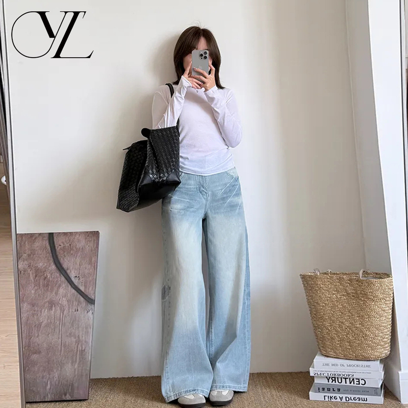 Light Blue Wide-Leg Jeans for Women, 2026 Summer New Style, Loose Fit, Slimming, Heavy-Duty Washed Lightning Pattern Straight-Leg Pants