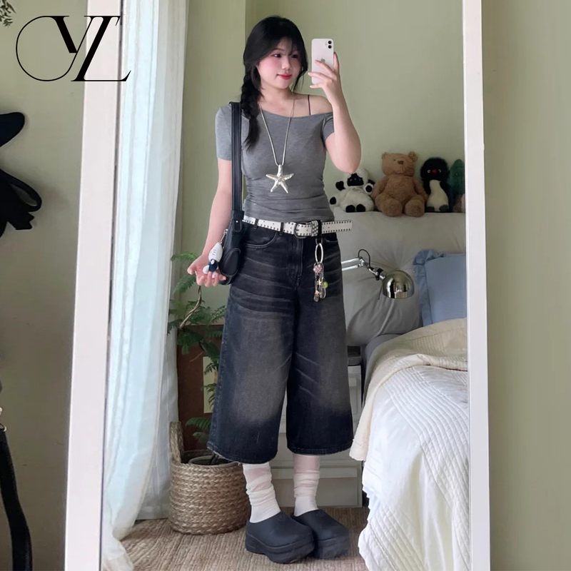 Black and Gray Cropped Jeans for Women, 2026 Summer New Style, Low-Waisted, Loose Fit, Slimming, Versatile, Vintage Washed Straight-Leg Pants