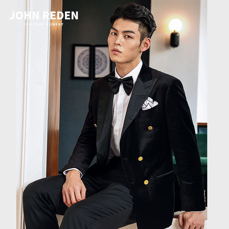 Johnreden Velvet Suit Double-Breasted Velvet Blazer Black Slim Fit Formal Wear for Men
