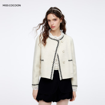 【含羊驼毛+兔毛】MISSCOCOON小香风撞色织带米白双面呢羊毛大衣