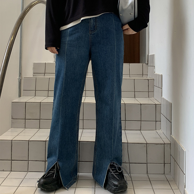 Kaka Don't eat a retro midline Washed Straight Barrel Jeans Woman High Waist Slightly Fatter Casual Pants