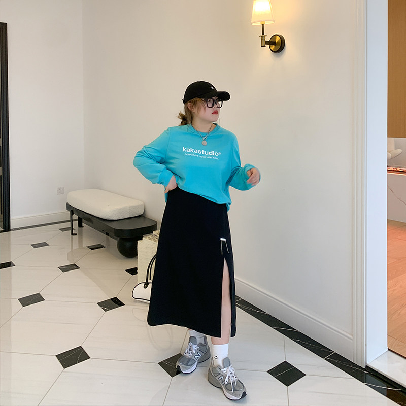 Kaka Don't eat the cool girl's taste Fall Black Metal Decorative High Waist Short Skirt Open Fork Half Skirt Long Dress