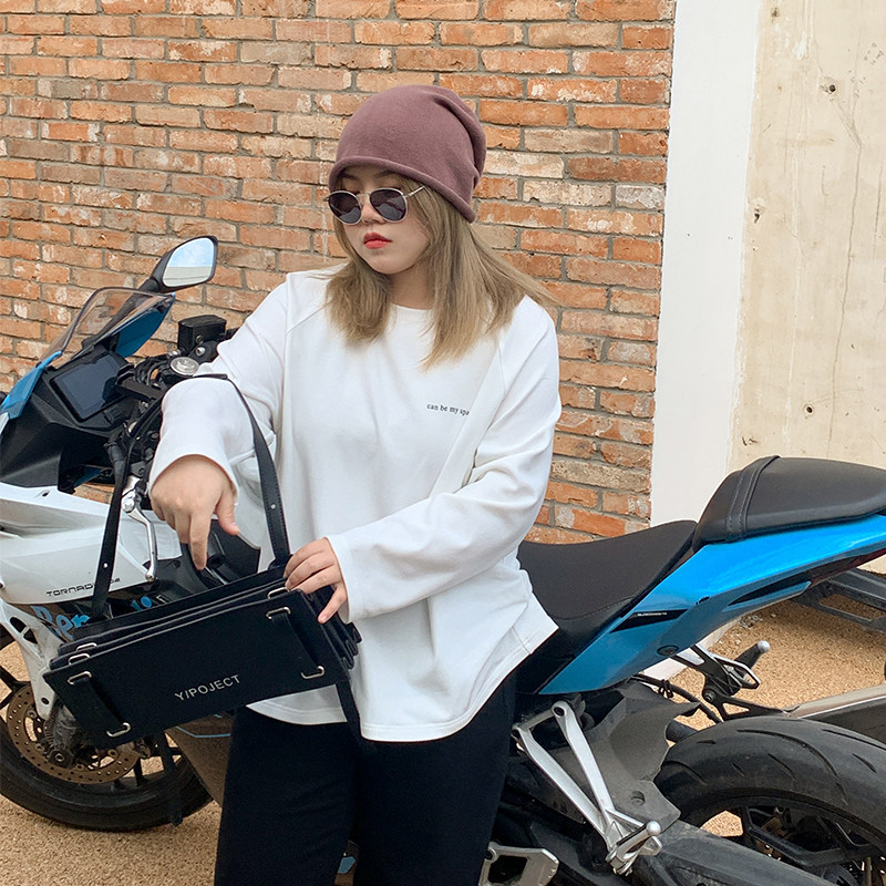 Kaka don't eat a piece of paper talk cloud letter printed pure color 100 hitch loose round collar long sleeve T-shirt