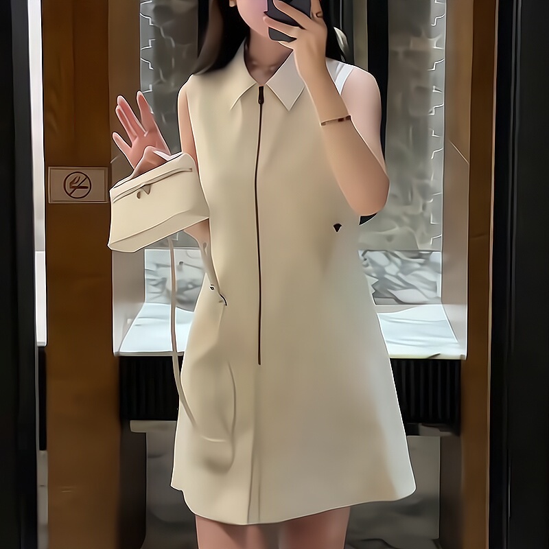Huanqixuan 2025 Summer New Style Lapel Zipper Sleeveless Dress, Elegant and Slimming, Simple Mid-Length Tank Dress