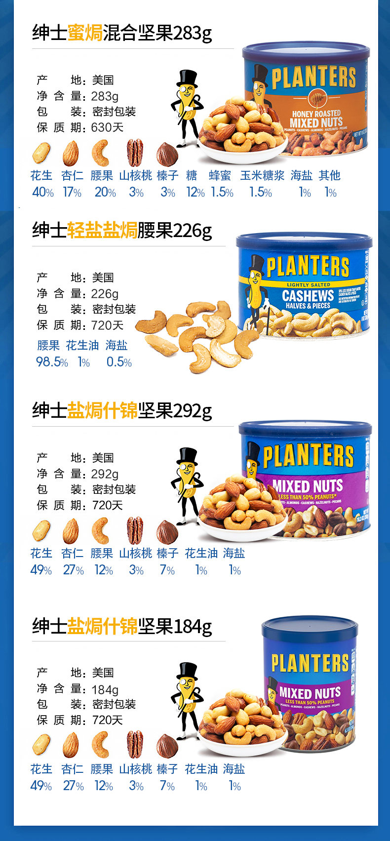 美国进口 Planters 绅士 混合坚果 292g*4件 双重优惠折后￥79.38包邮包税