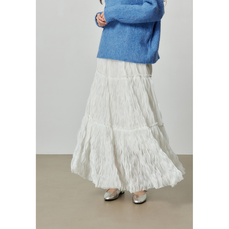 Asseuu White Elastic Waist Skirt for Women 2026 Spring New Elastic Waist Drapey A-Line Long Skirt