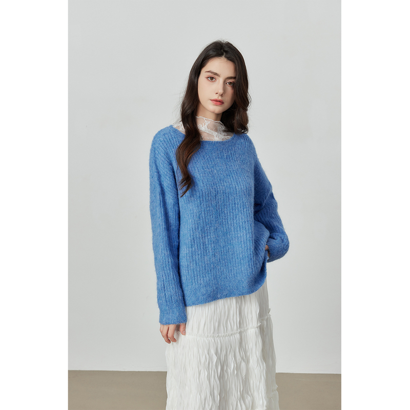Asseuu Blue Round Neck Knitwear for Women 2026 Spring New White Lace Inner Knitwear Two-Piece Set Top