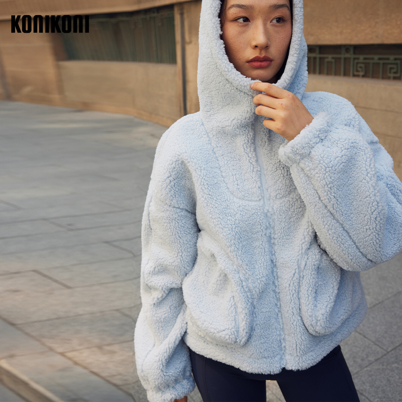 Konikoni Outdoor Ultra-Thick Lamb Velvet Jacket Hooded Full Zipper Loose Warm Cotton Coat Autumn and Winter Windproof Jacket