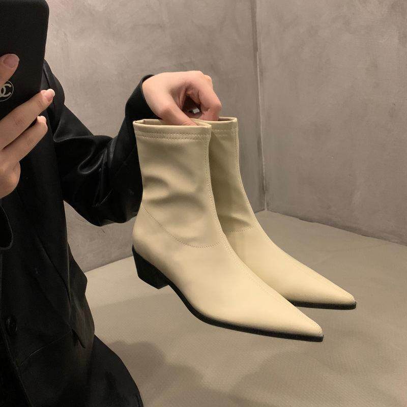 Tide Cards Small Nude Boots Thick Heel Skinny Short Boots Women's Shoes 2023 Autumn Winter New Pointy Inglées Martin Boots-Taobao