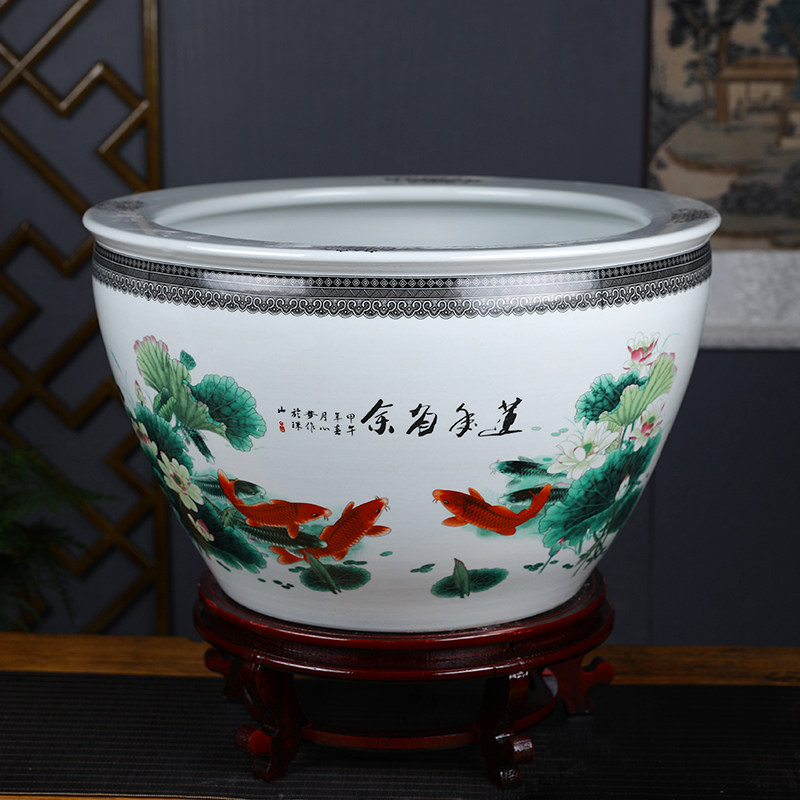 Jingdezhen ceramic fish tank large goldfish tank living room garden water lily bowl lotus lotus turtle koi calligraphy and painting tank