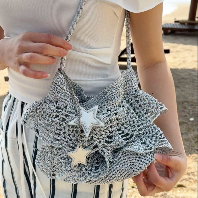 Wooden Love [Skirt Bag] Niche Silver Thread Crochet Bag Shoulder Bag Handbag Beach Bag