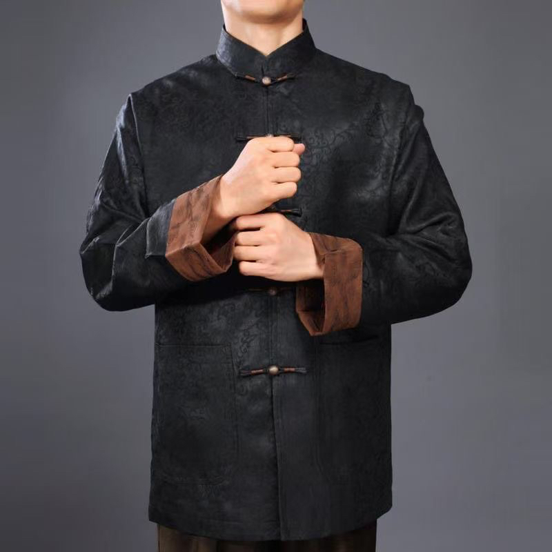 Silk Xiangyunsha Tang Suit Men's Long-Sleeve Shirt, Silk Chinese Style Xiangliu Silk, Mulberry Silk Tang Suit, Chinese Style Hanfu, Summer