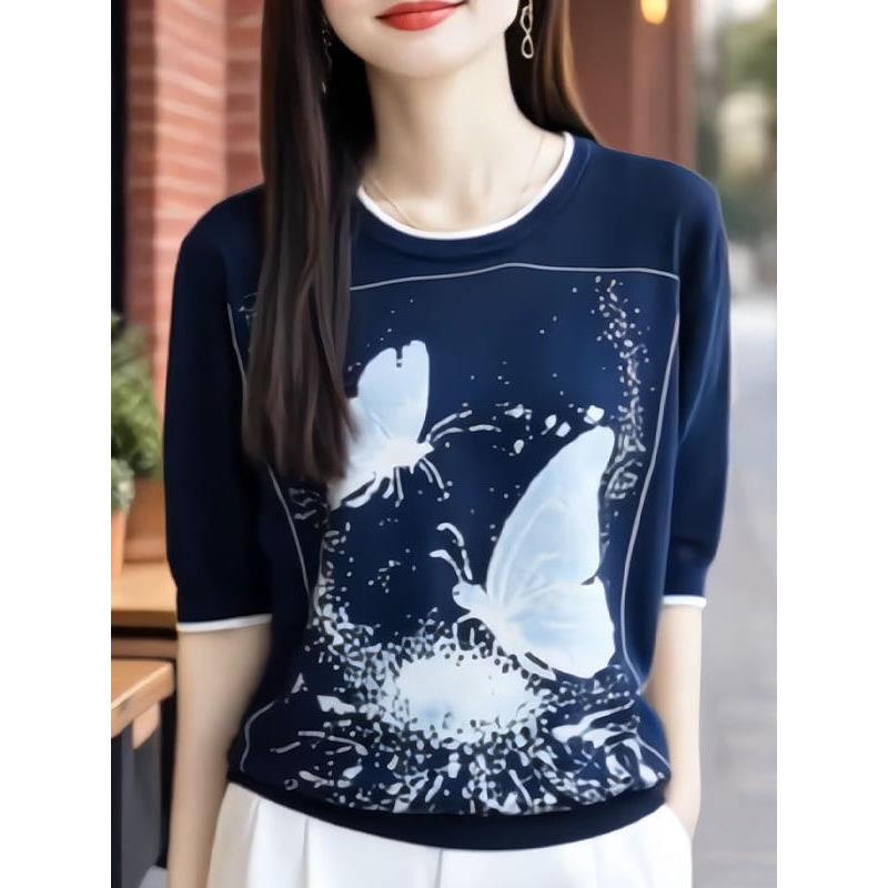Butterfly Short-Sleeved T-Shirt for Women, Loose-Fitting Base Shirt, Commuter Style, Thin Pullover, Skin-Friendly, Breathable Women's Top Butterfly Short-Sleeved T-Shirt for Women, Loose-Fitting Base Shirt, Commuter Style, Thin Pullover, Skin-Friendly, Breathable Women's Top