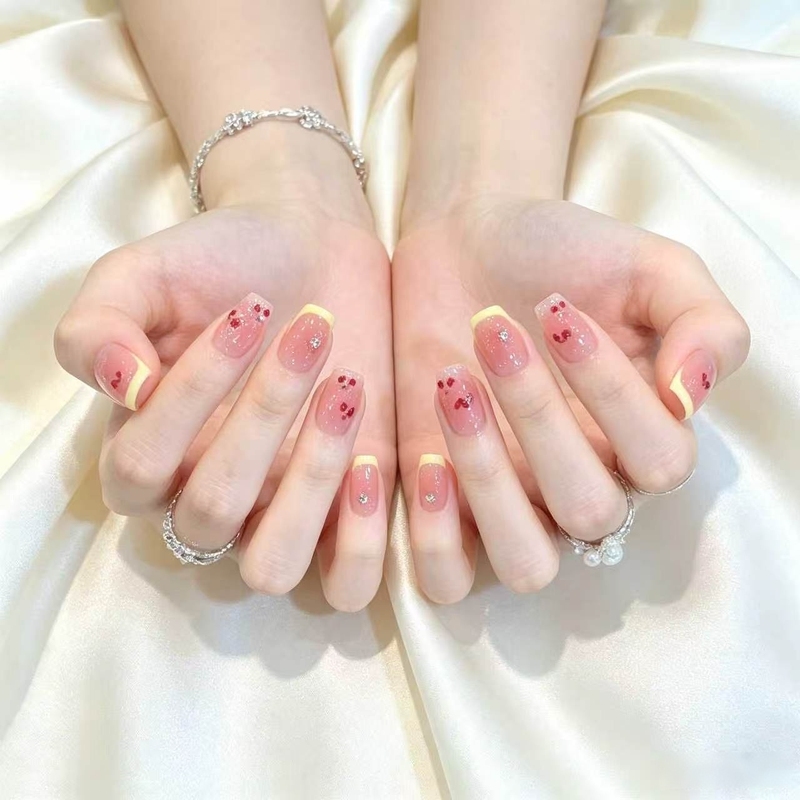 Nude Pink Translucent French-Style Press-On Nails with Cherry Rhinestones, Short Ballet Handmade Sweet Girl Nail Art Stickers, Fake Nails Nude Pink Translucent French-Style Press-On Nails with Cherry Rhinestones, Short Ballet Handmade Sweet Girl Nail Art Stickers, Fake Nails