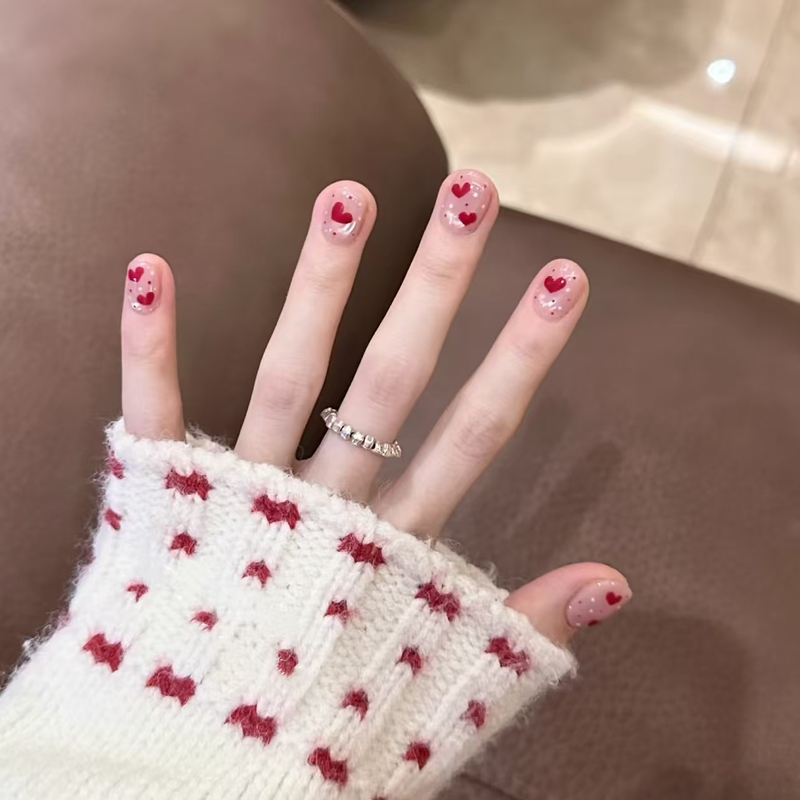 Handmade Short-Length Wearable Nail Stickers, Summer Fresh Nude Color, Heart-Shaped Polka Dots, Cat-Eye Effect, Cute Girly Fake Nails Handmade Short-Length Wearable Nail Stickers, Summer Fresh Nude Color, Heart-Shaped Polka Dots, Cat-Eye Effect, Cute Girly Fake Nails