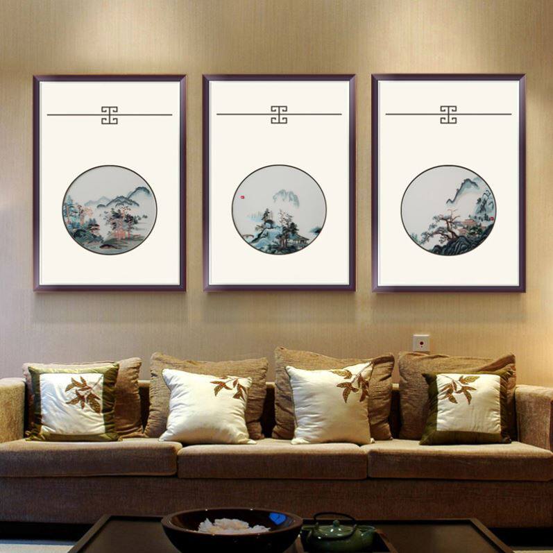 New Chinese Landscape Embroidery Hung Painting Su Embroidery Sofa Background Wall Decoration Painting Triple Pine Mountain Jagu Solid Wood Frame Mount