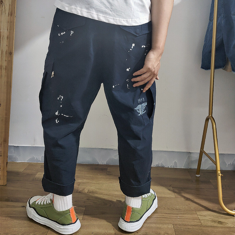 Yu Wenle ins with the same splashing ink multi-pocket tooling casual pants men's Japanese retro straight loose nine-point pants