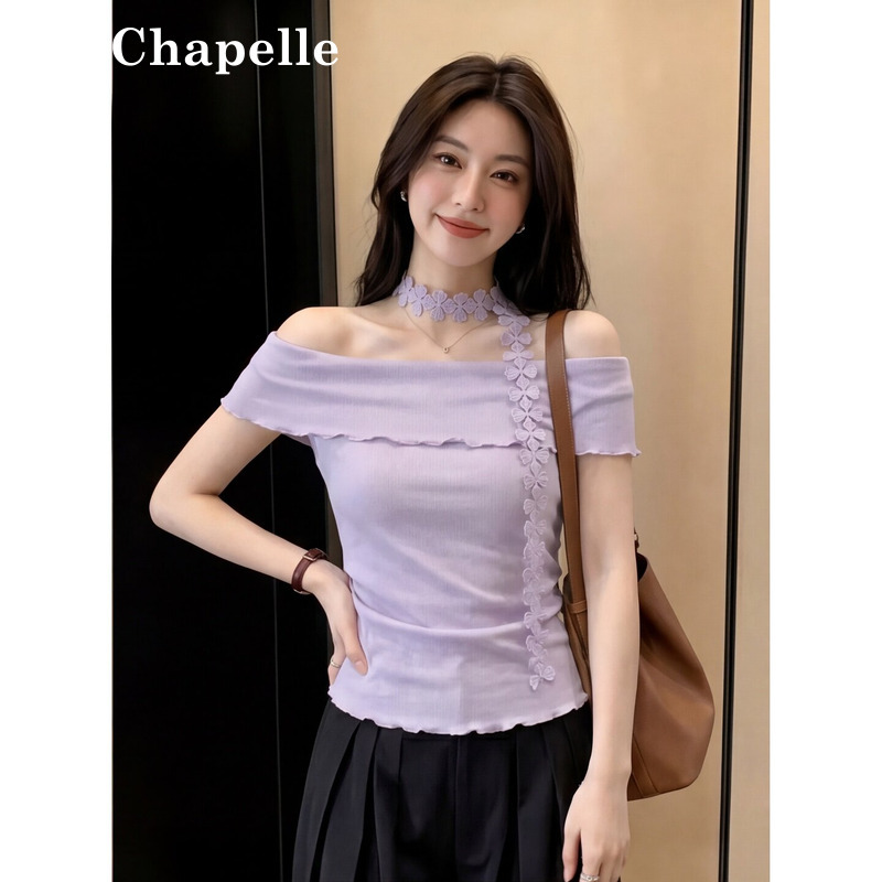 La Chapelle Gentle Style Off-Shoulder Short-Sleeve T-Shirt for Women, Summer Purple Lace Trim, Slim Fit, Age-Reducing Top La Chapelle Gentle Style Off-Shoulder Short-Sleeve T-Shirt for Women, Summer Purple Lace Trim, Slim Fit, Age-Reducing Top
