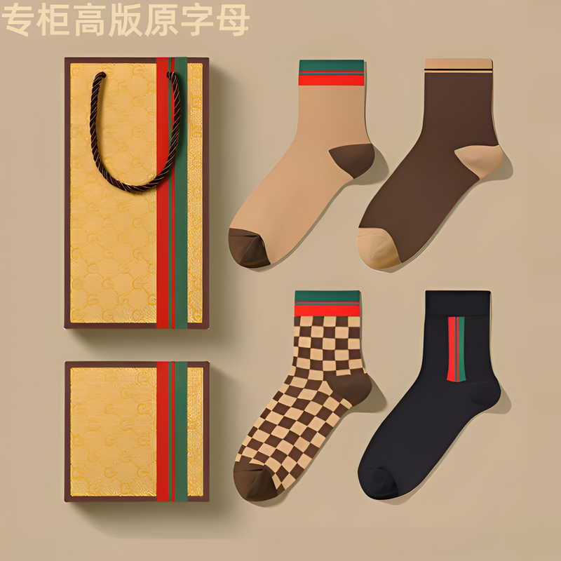 Coolqi Hong Kong Purchase g Brand Mid-Tube Socks for Men, Cotton Classic Striped Trendy Brand High-End Replica Sports Socks in a Luxury Gift Box