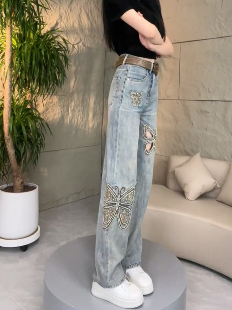 EUROPE STATION JEANS 2024 NEW WOMENS SUMMER THIN HOLE LOOSE STRAIGHT PANTS EMBROIDERED HOT DIAMOND MOP TROUSERS