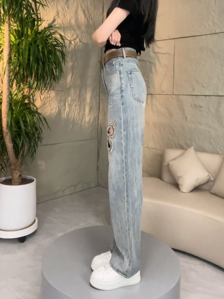 EUROPE STATION JEANS 2024 NEW WOMENS SUMMER THIN HOLE LOOSE STRAIGHT PANTS EMBROIDERED HOT DIAMOND MOP TROUSERS