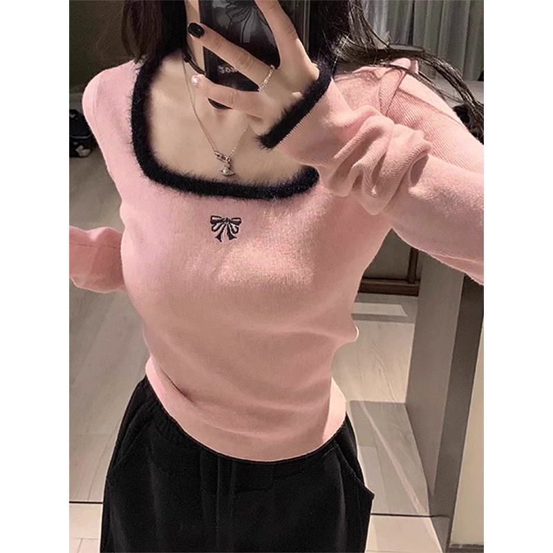 Casual Style with Frayed Square Neckline, New Autumn and Winter Long-Sleeve Base Layer Top with German Velvet, Niche Embroidered Women's Inner Wear