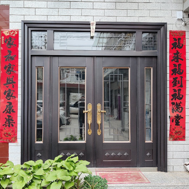 Villa Double-Door Zinc Alloy Tempered Glass Entrance Door, Rural Self-Built House Four-Door Entrance Door