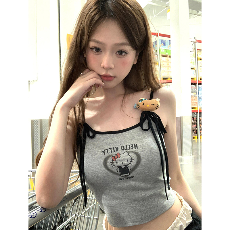 American-Style Cartoon Kitty Cat Camisole for Women, Summer Sleeveless Outerwear, Short Top for Layering