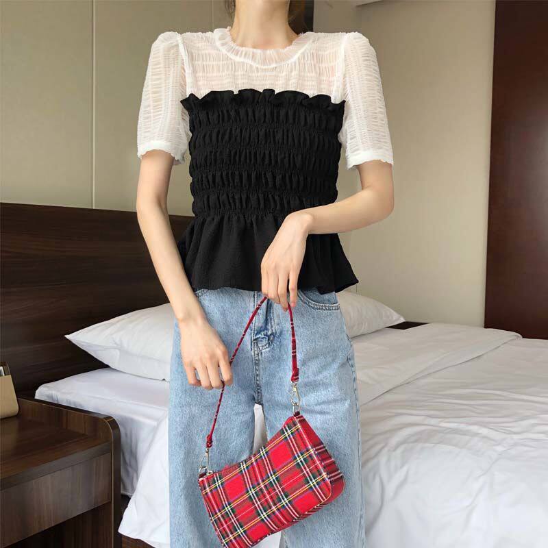 Snowspun shirt 2022 Summer new net red sweet and small fresh splicing fake two foreign pie short sleeve blouses woman