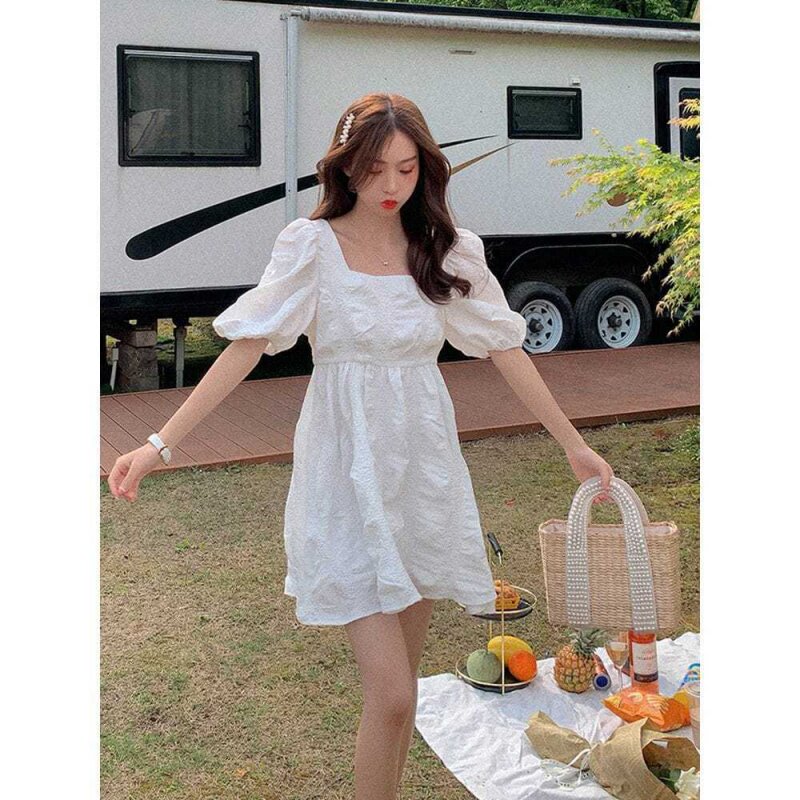 French white puff sleeve dress small summer new square-neck short waist-reducing age slim doll skirt