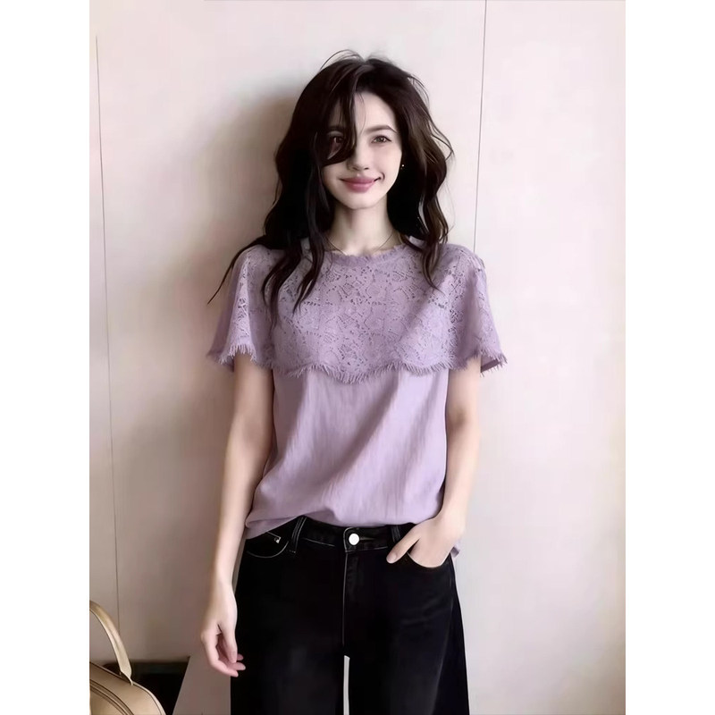 Miss Zora French-Style Unique Purple Lace Patchwork Short-Sleeve T-Shirt for Women, Summer Design, Niche Slimming Top Miss Zora French-Style Unique Purple Lace Patchwork Short-Sleeve T-Shirt for Women, Summer Design, Niche Slimming Top