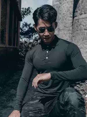 Spring outdoor men's lapel tactics long sleeve T-shirt quick-dry running sports breathable perspiration elastic repair tights fitness