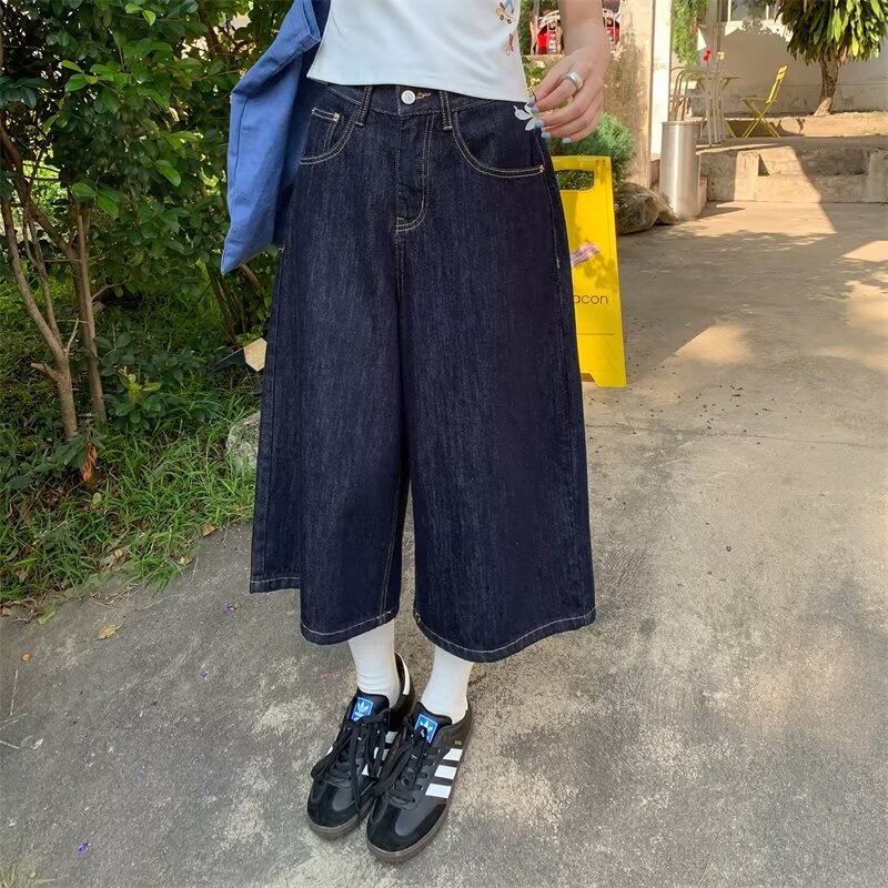 Pear-Shaped Body Shape, Dark Blue Wide-Leg Cropped Jeans for Women, High-Waisted, Slimming, Loose, Flesh-Covering, Versatile Summer Mid-Length Pants Pear-Shaped Body Shape, Dark Blue Wide-Leg Cropped Jeans for Women, High-Waisted, Slimming, Loose, Flesh-Covering, Versatile Summer Mid-Length Pants